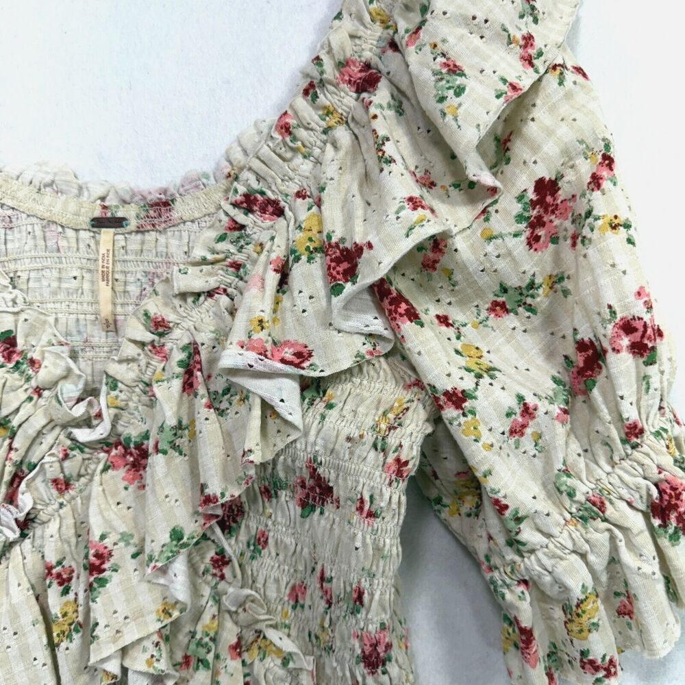 Free People Top Women S Cream Favorite Girl Crop Floral Ruffle Cottagecore Boho - Picture 13 of 13
